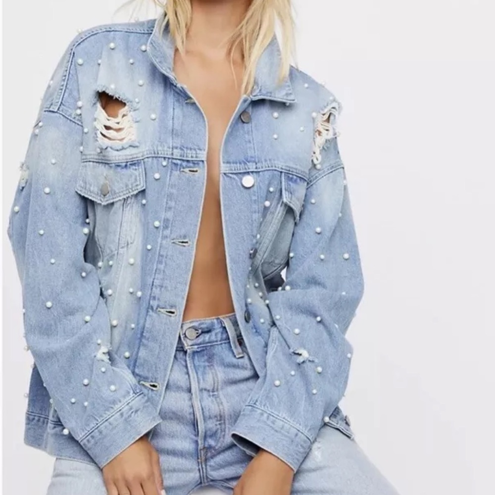 Free People Sunday Funday Pearl Distressed Denim Jean Jacket